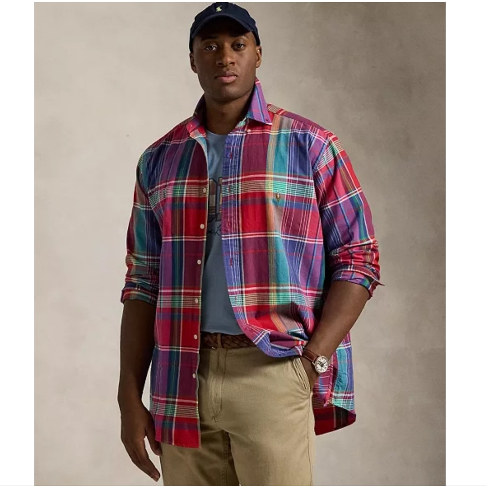 NWT Polo Ralph Lauren Men's Big & Tall Plaid Oxford Shirt, Red/‎ Blue, 4XLT - Picture 2 of 13